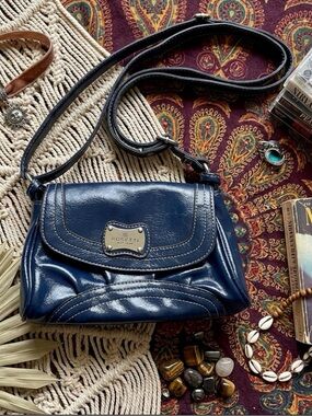 Vintage 90s Rossetti Navy Blue Crossbody Purse Adjustable Strap Chrome Hardware